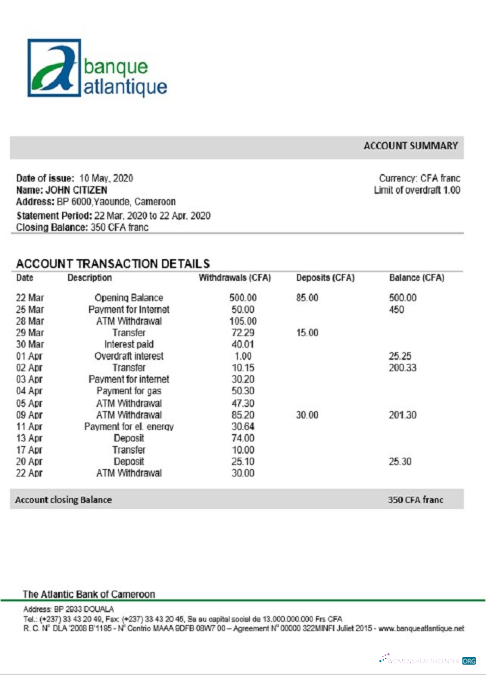 Download Cameroon Atlantic bank statement word